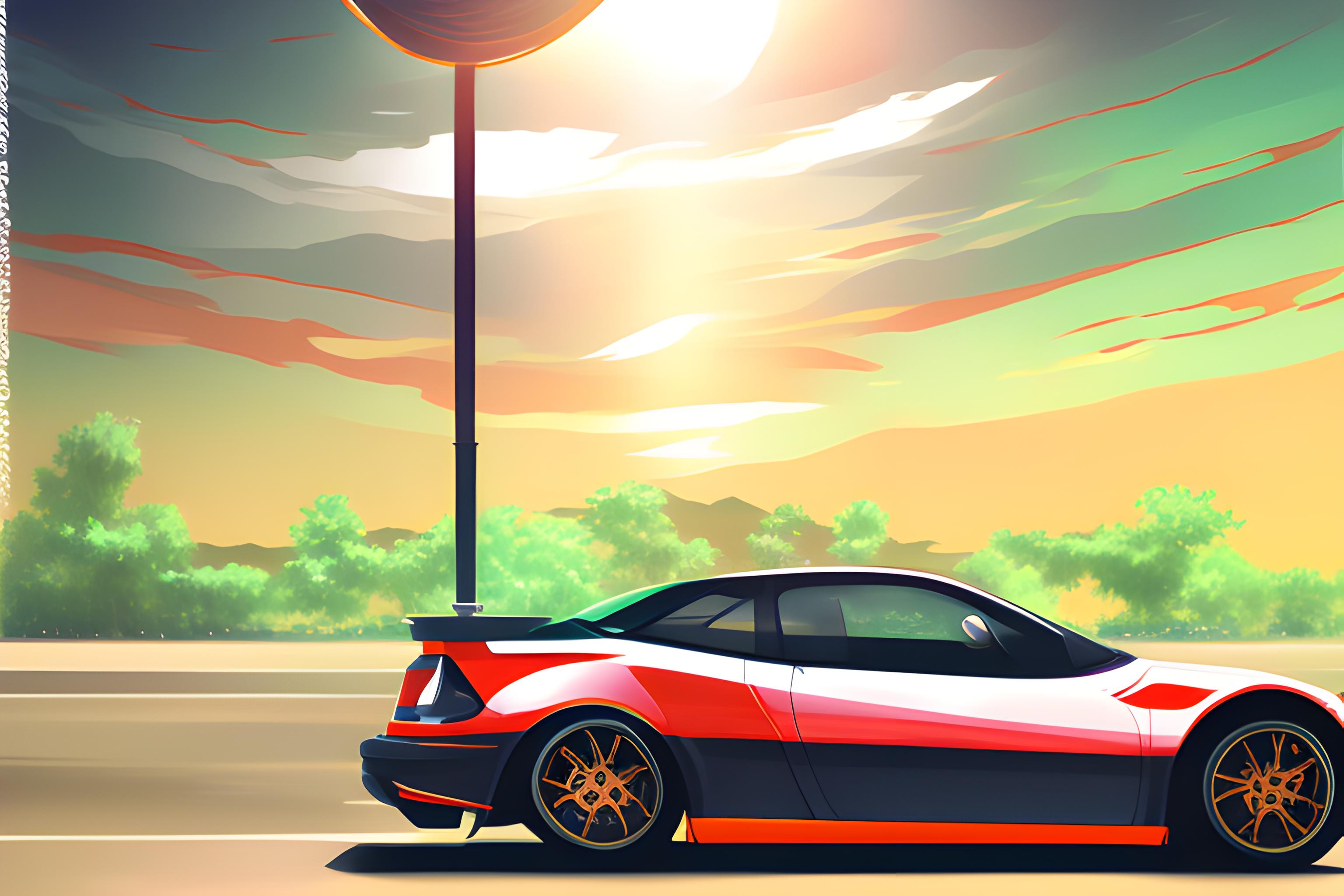 Anime girl with car on empty parking lot | Wallpapers.ai